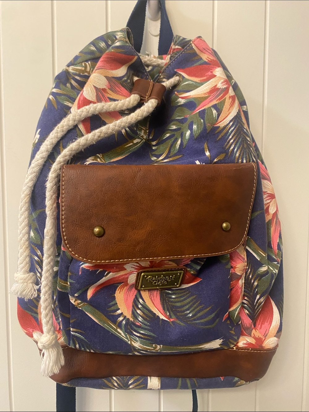 Blue Floral Canvas Backpack with Brown Faux-Leather Trim Rainforest Cafe